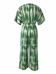 Abstract Print Bow Tie Jumpsuit Short Sleeve Wide Leg