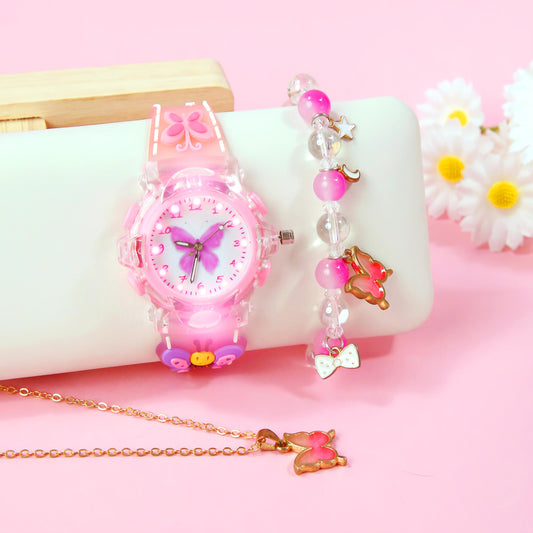3pcs Quartz Watch Set Sweet Style with LED Glow Silicone Strap 3D Butterfly