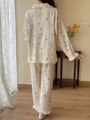 Smiling Face Print Lounge Set Long Sleeve Top & Ruffle Pants