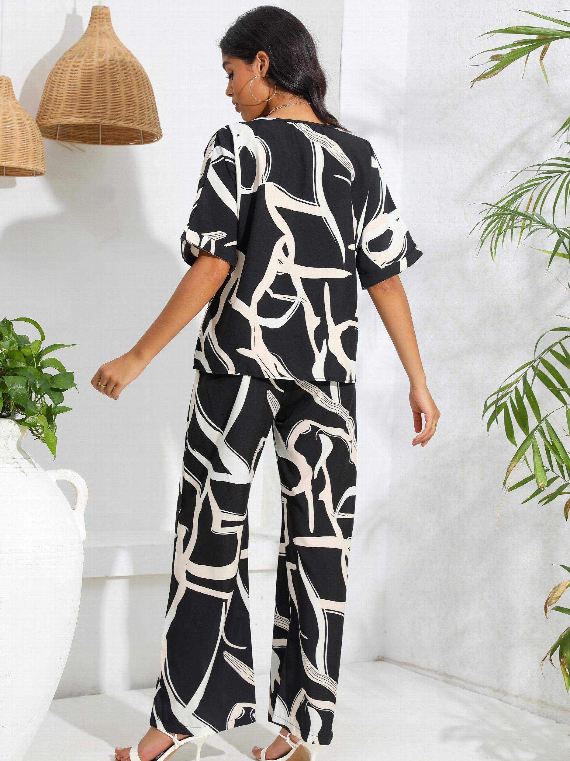 Abstract Print 2pc Set V Neck Half Sleeve Tops & Wide Leg Pants