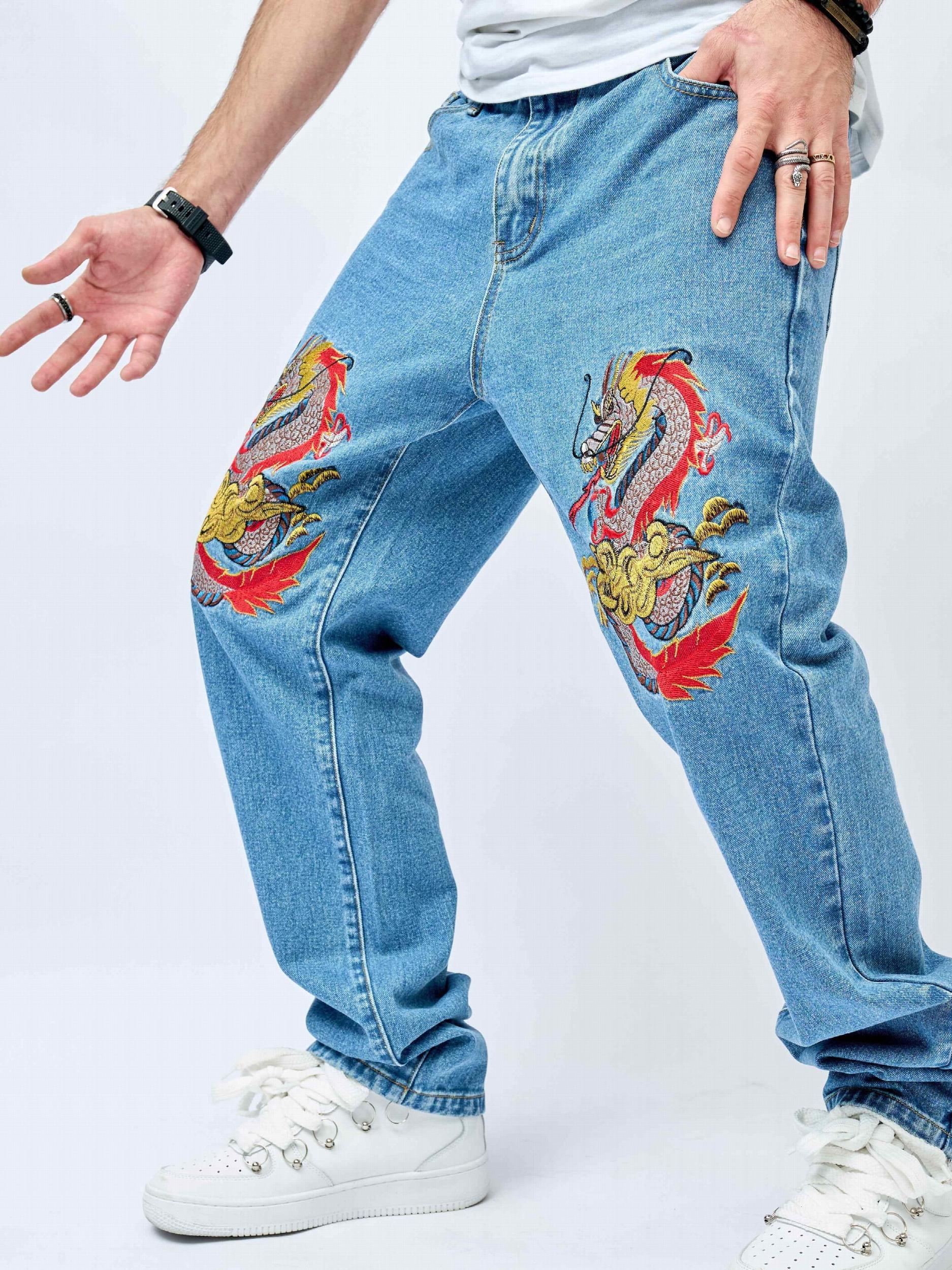 Men's Dragon Pattern Distressed Slim Fit Jeans
