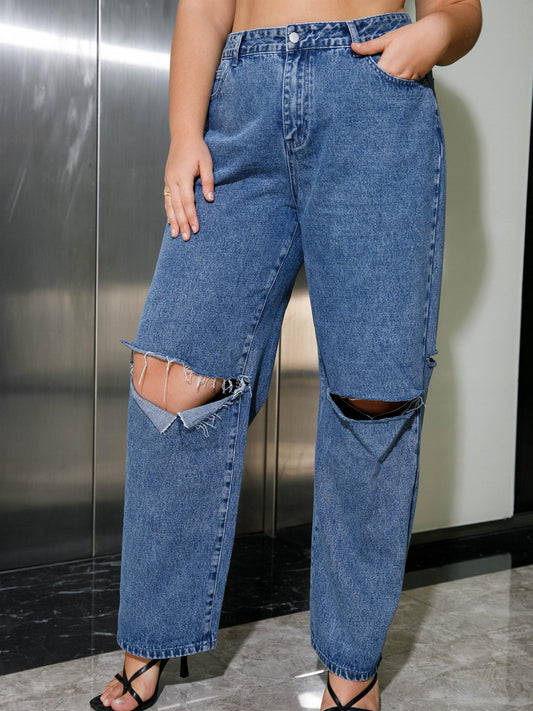  Ripped Wide Leg Denim Pants Women's Plus Y2K Style Jeans