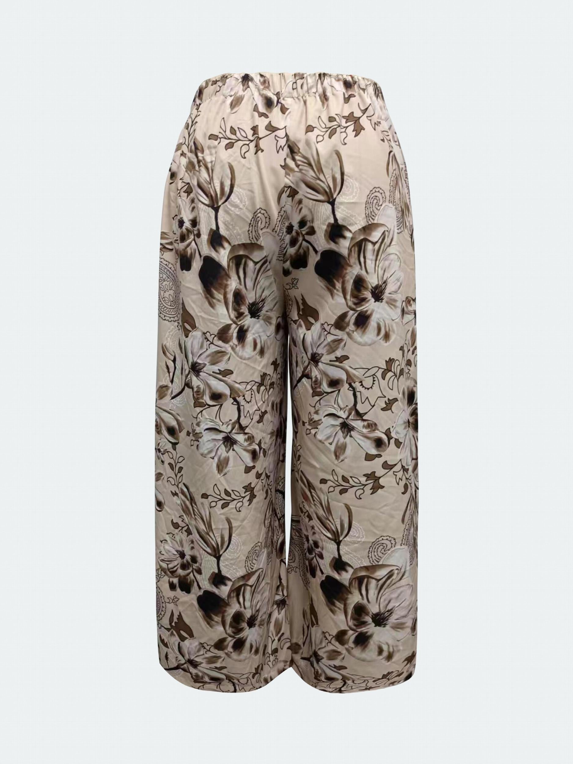  Floral Print Wide Leg Trousers with Drawstring Waist
