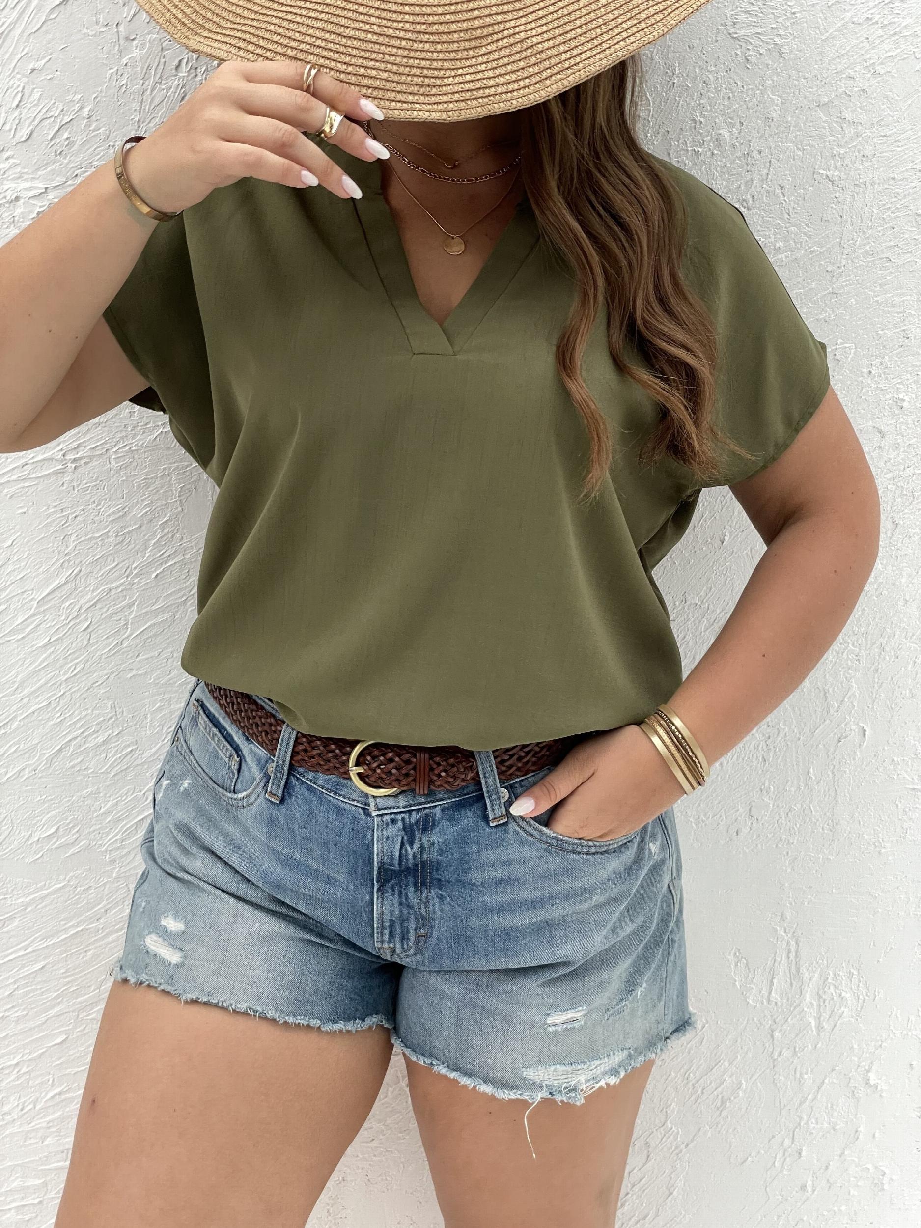  Casual Blouse Women's Plus Solid Bat Sleeve Notched Neck Loose Blouse
