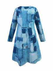  Denim Print Half Zipper Long Sleeve A-line Dress