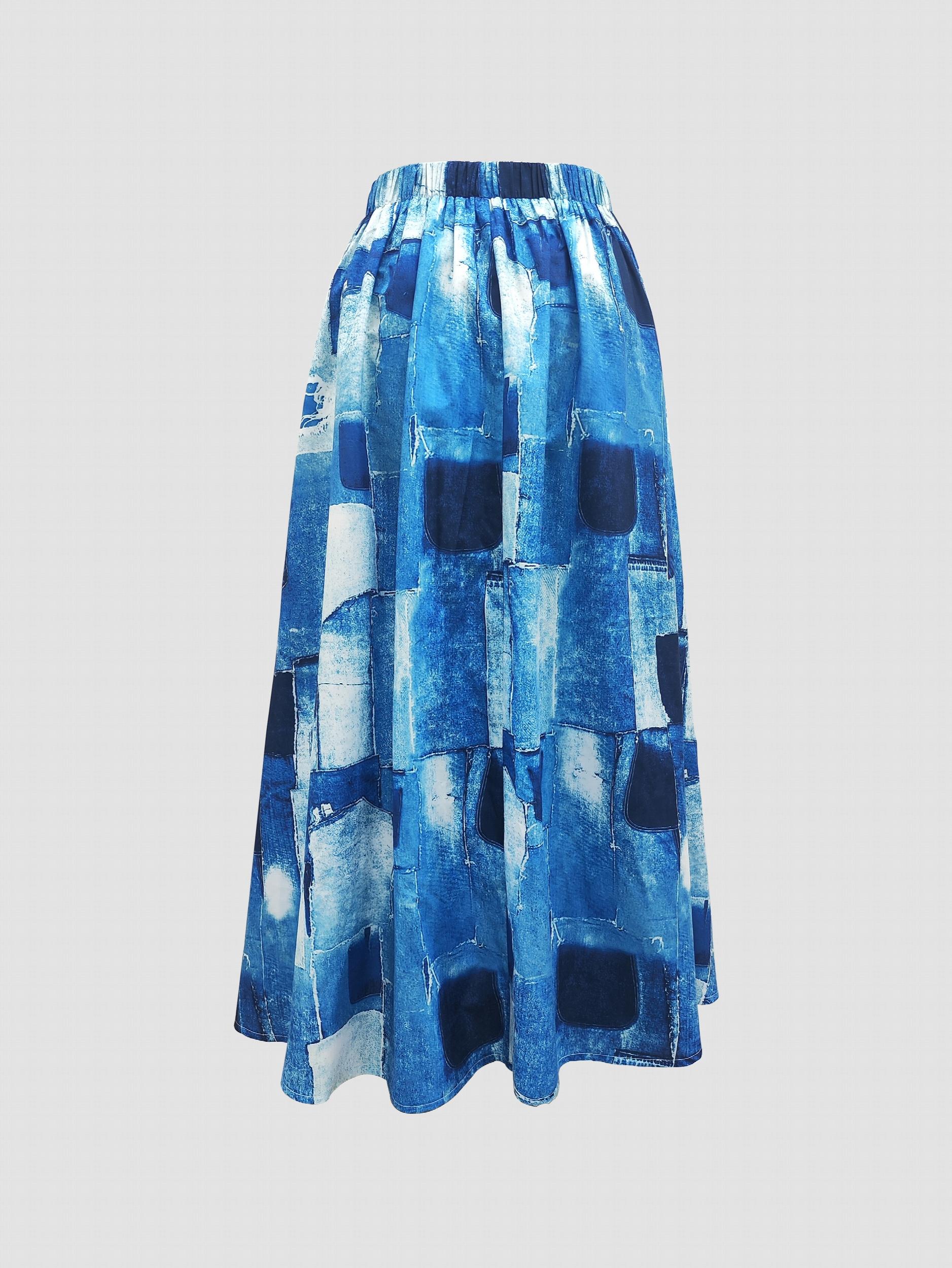 Colorblock Denim Print Maxi Skirt