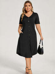  Button Up V Neck Maxi Dress With Pockets