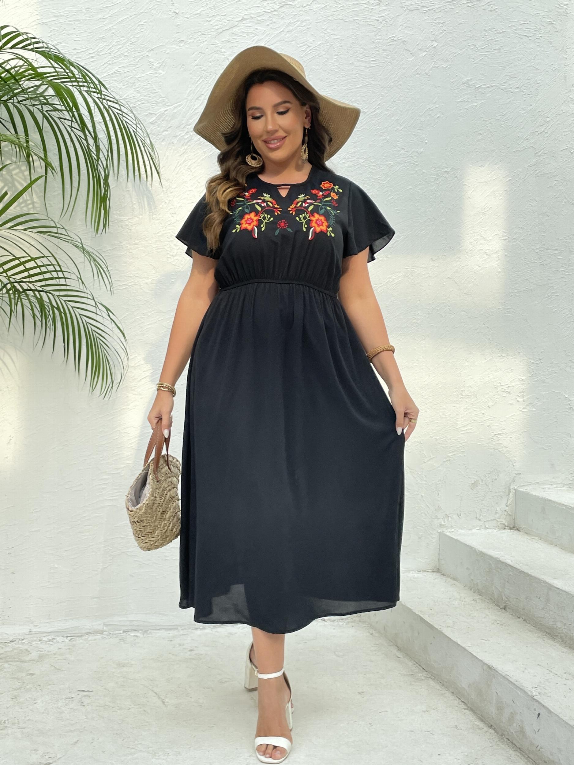  Women's Floral Embroidery Cap Sleeve Dress
