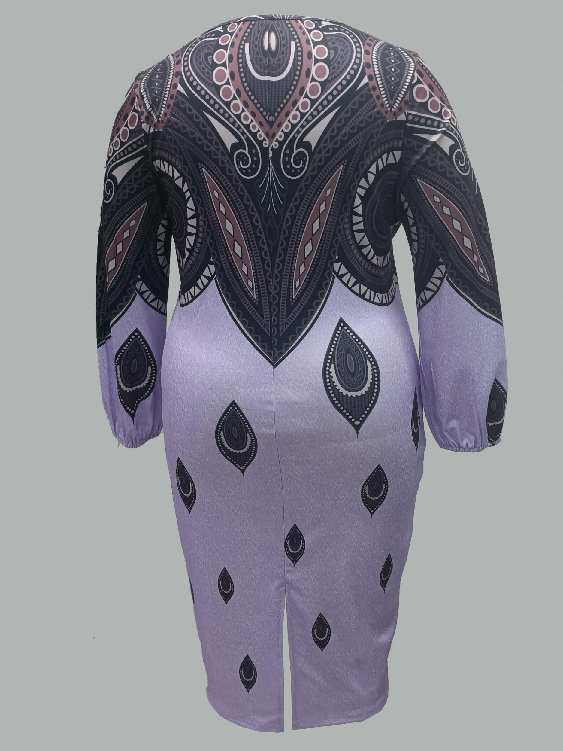  Colorblock Graphic Print Lantern Sleeve Round Neck Midi Dress