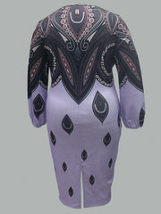  Colorblock Graphic Print Lantern Sleeve Round Neck Midi Dress
