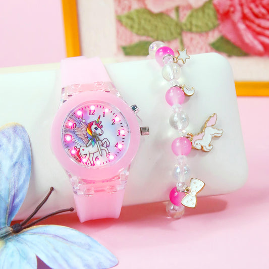 2pcs Girls' Quartz Watch Bracelet Set LED Glow Rainbow Unicorn Beaded Bracelet