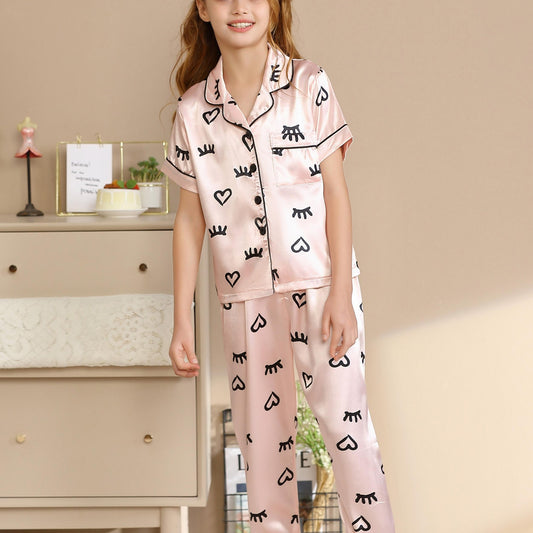 Girls Satin Lounge Wear Long Sleeve Top & Pants Set Pajamas Set Kids Clothes