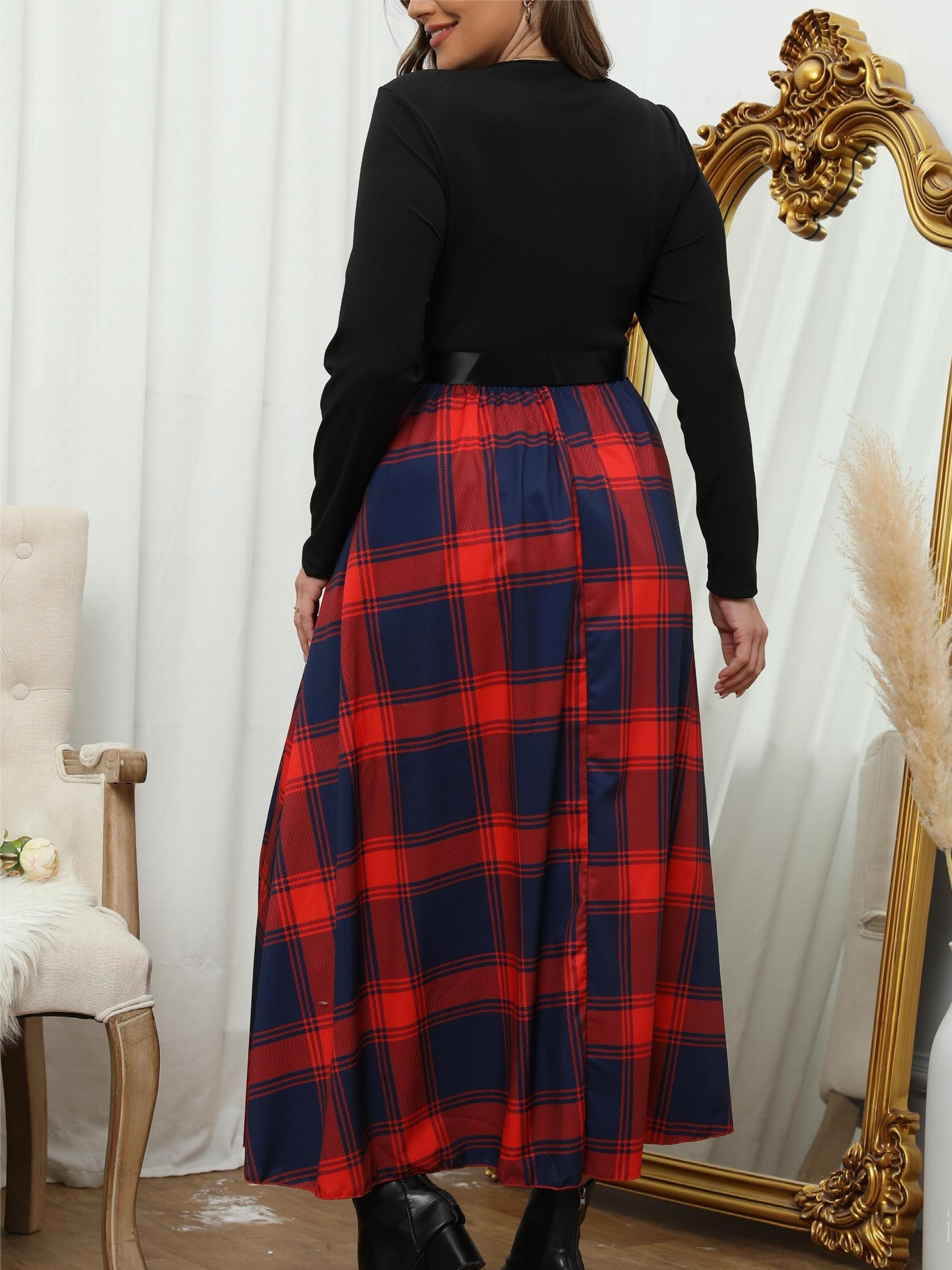  Colorblock Plaid Print Long Sleeve Round Neck Dress