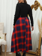  Colorblock Plaid Print Long Sleeve Round Neck Dress