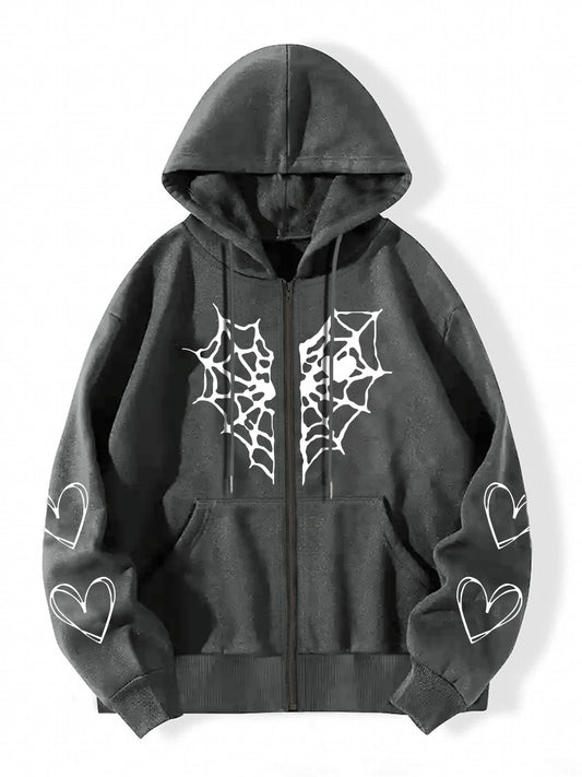 Halloween Heart Graphic Hooded Sports Sweatshirt Zipper Up Long Sleeve Hoodie