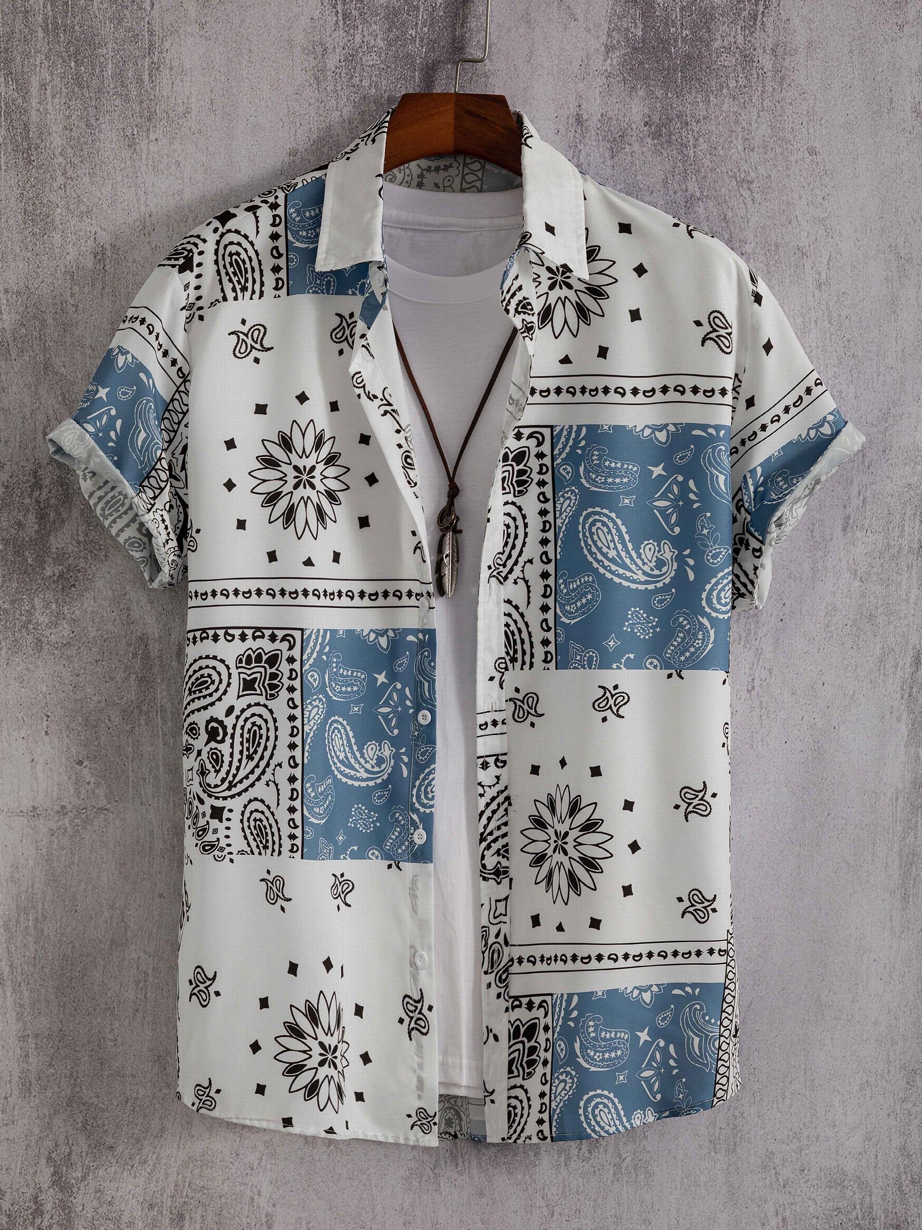 Paisley Print Men s Casual Short Sleeve Mismatch Shirt for Summer Vacation