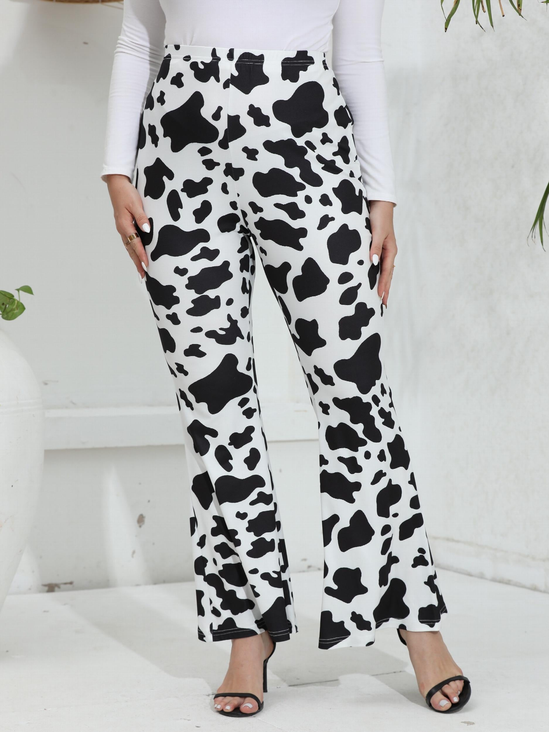  Women's Cow Print Flared Leg High Rise Trousers