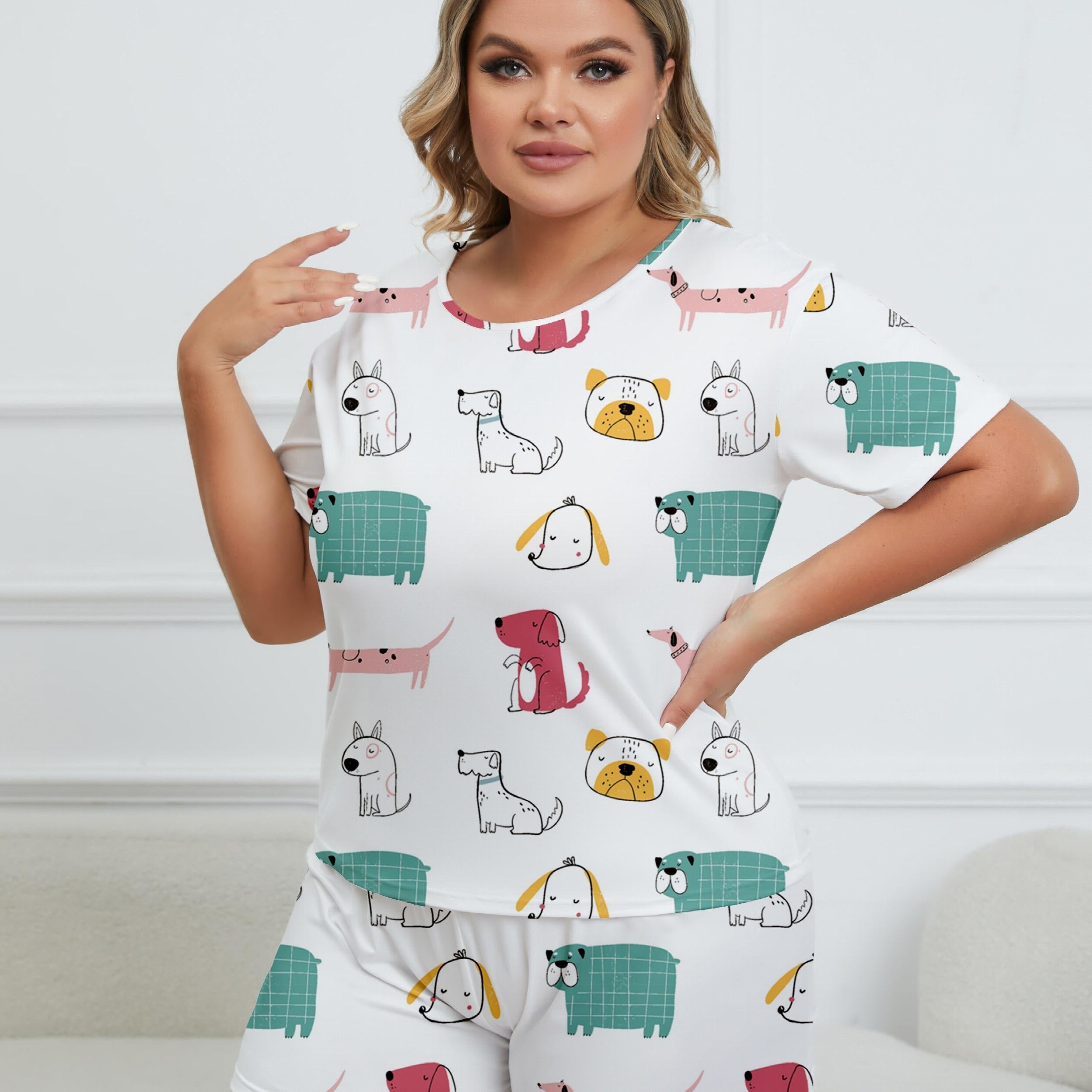  Dog Print Tee & Shorts Set Women's Pajama 2 Piece