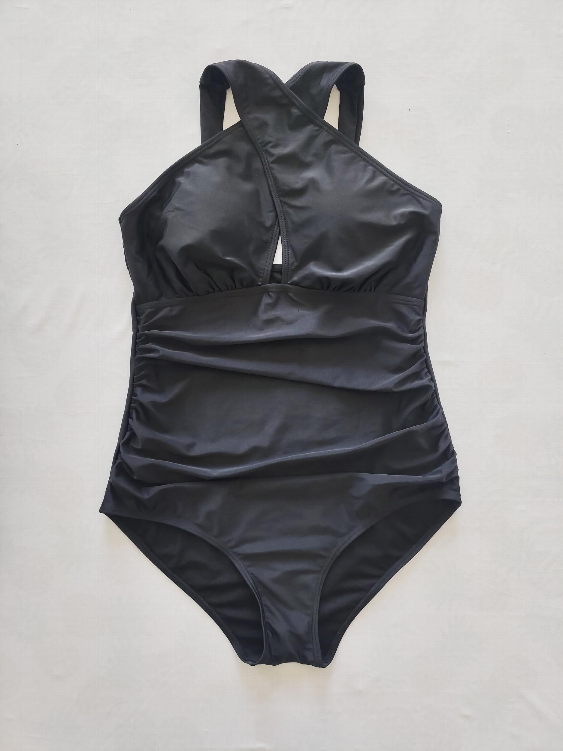  Solid Cross Halter One Piece Swimsuit