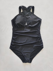  Solid Cross Halter One Piece Swimsuit