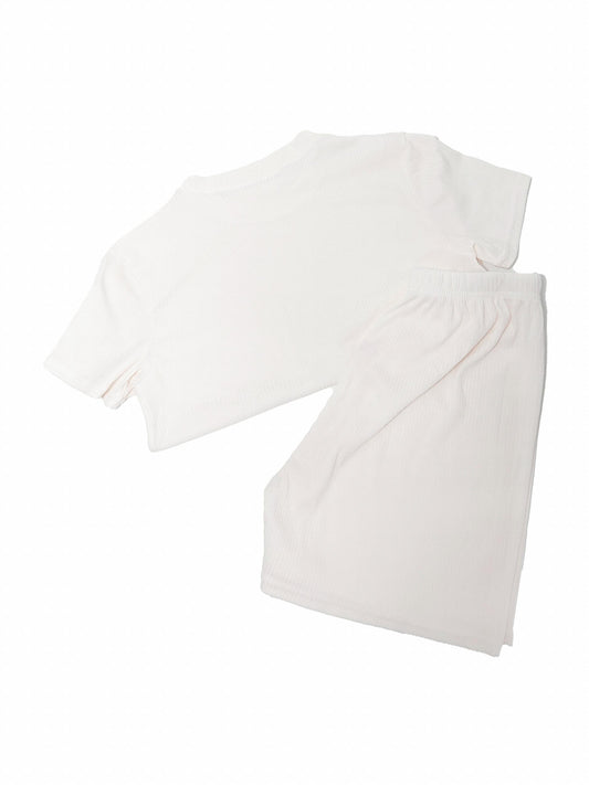 Solid Lounge Set Short Sleeve Crew Neck Top & Elastic Waistband Shorts