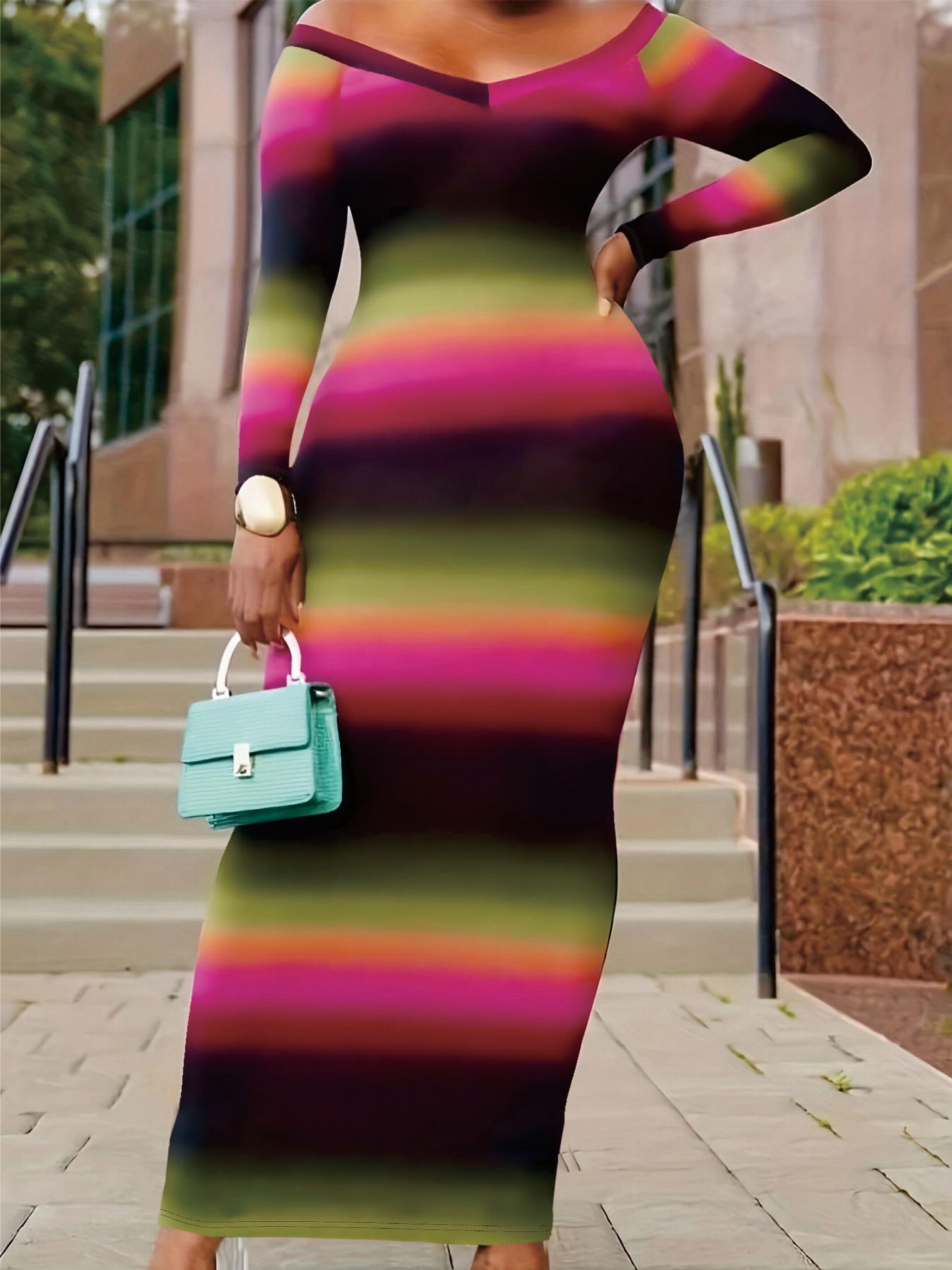 Plus Stripe & Ombre Print Long Sleeve Maxi Dress