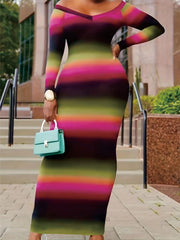 Plus Stripe & Ombre Print Long Sleeve Maxi Dress