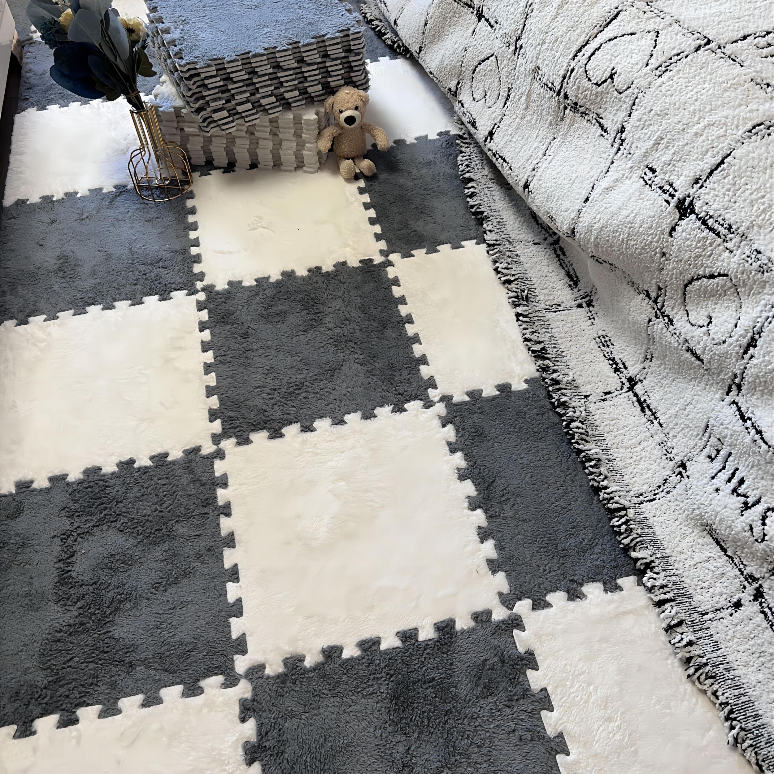 9pcs Plush Puzzle Foam Floor Mat Soft Interlocking Carpet Fluffy Area Rug