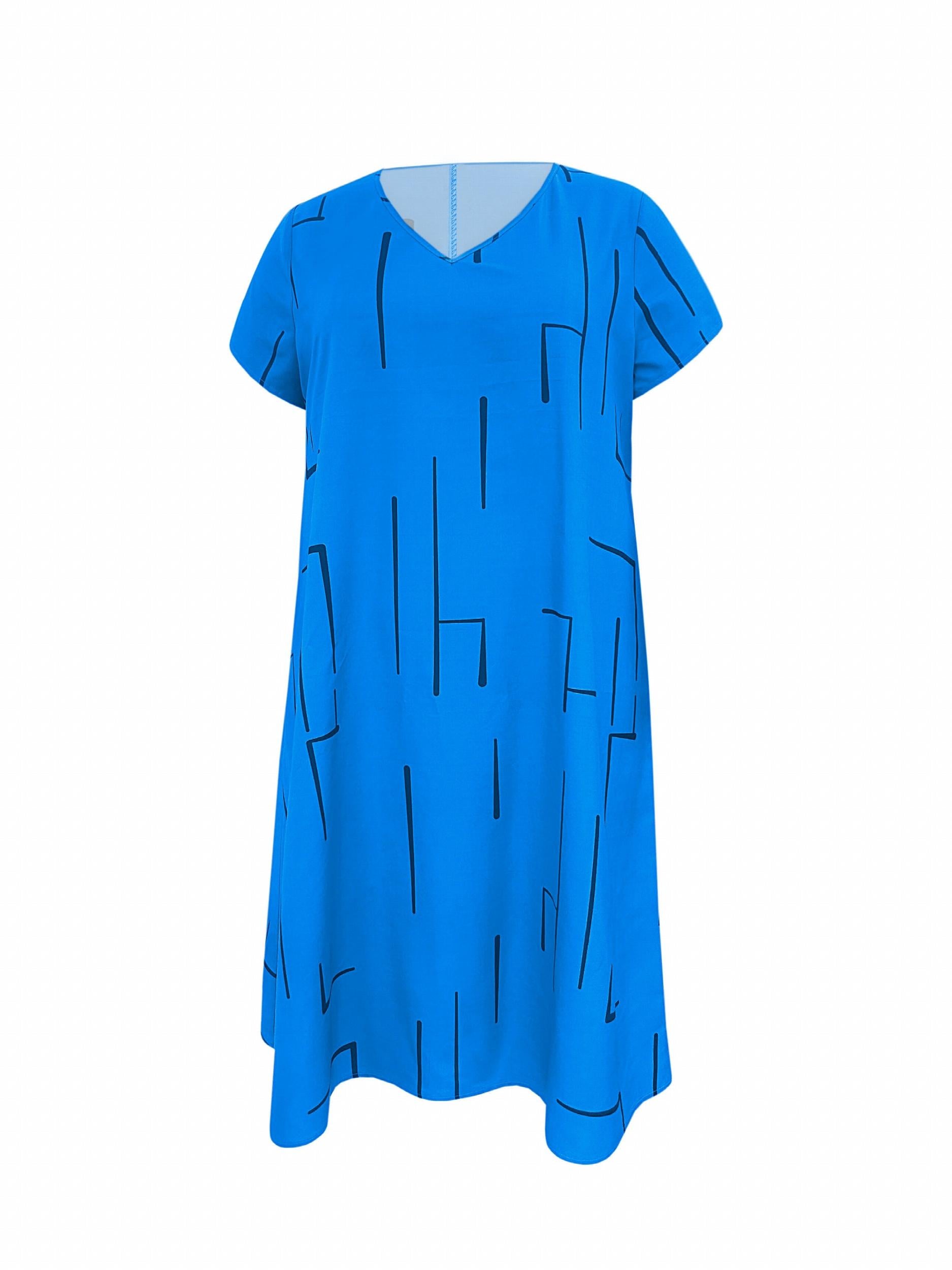  Casual Dress Women's Plus Stripe Print Short Sleeve V Neck