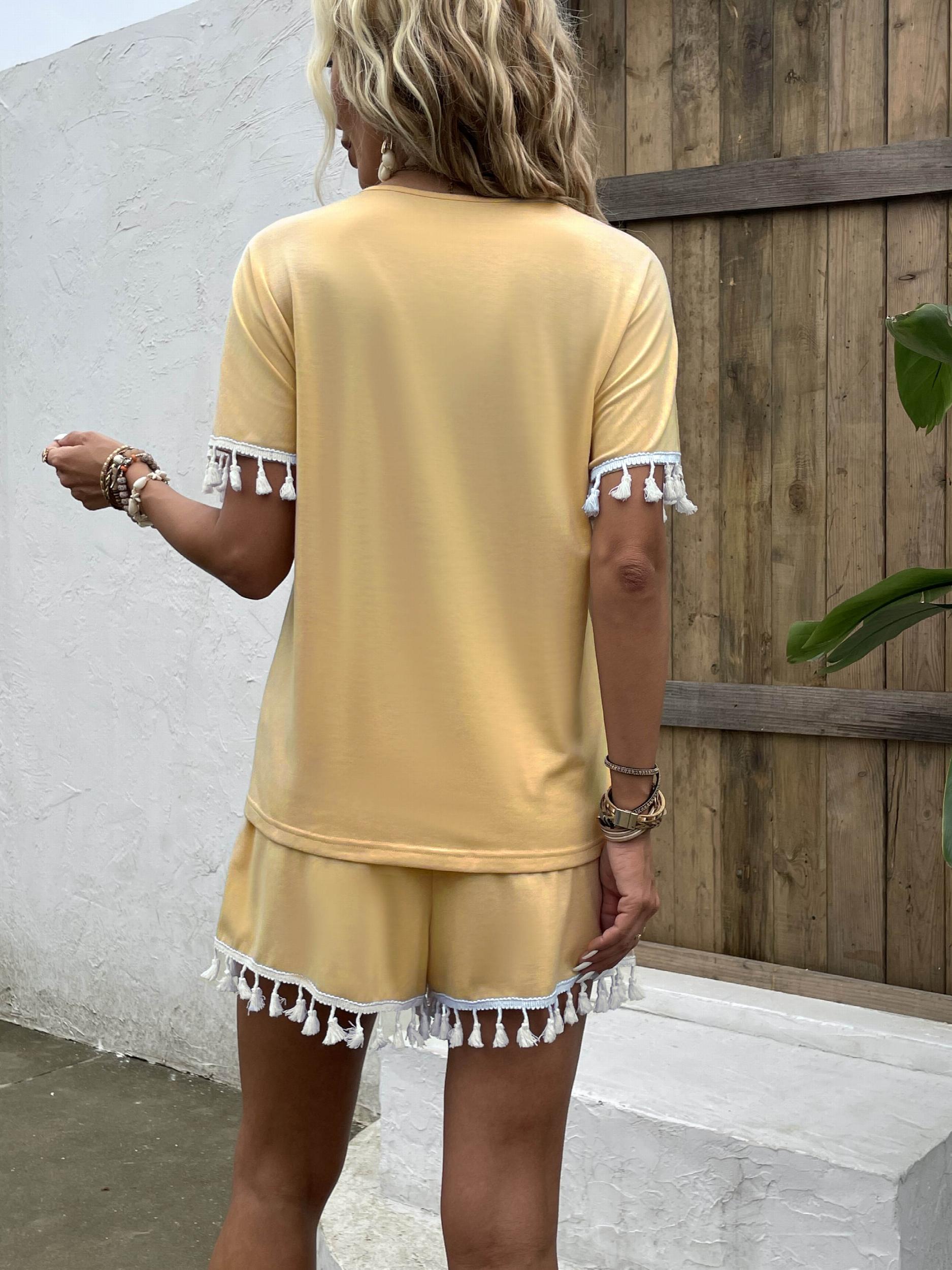 Tassel Two piece Set V Neck Short Sleeve T shirt & Wide Leg Shorts
