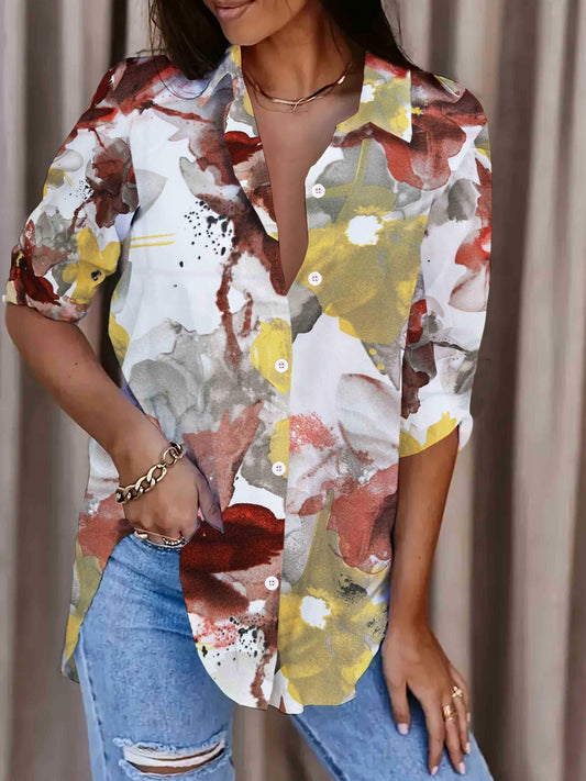  Tie Dye Floral Print Long Sleeve Button Up Collar Shirt Top