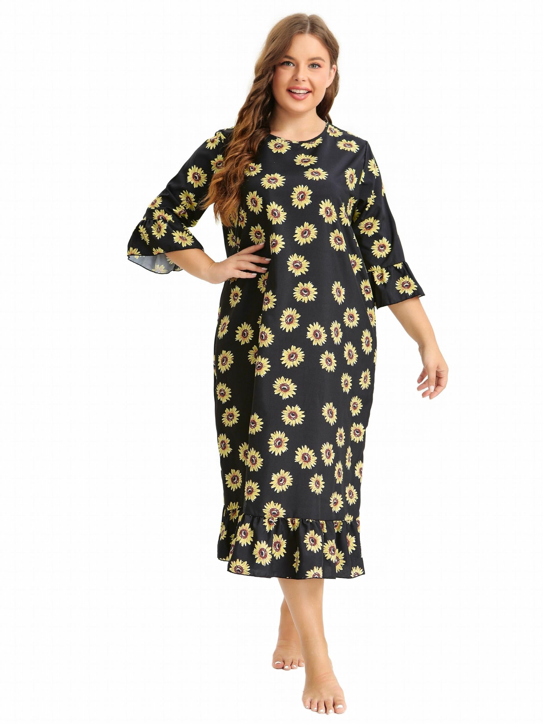  Sunflower Print Ruffle Trim Sleep Dress