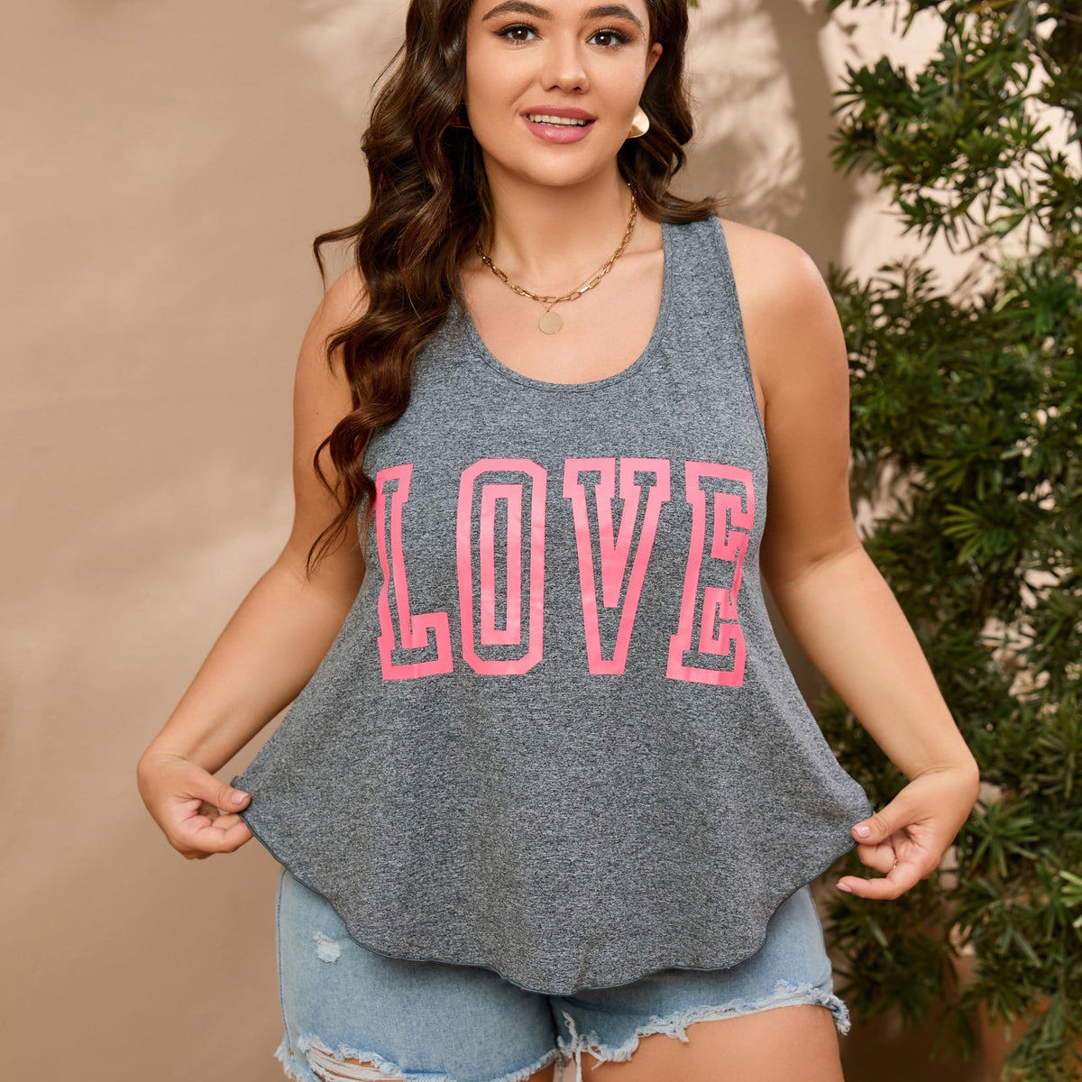 Love Letter Print Tank Top Plus Size Womens