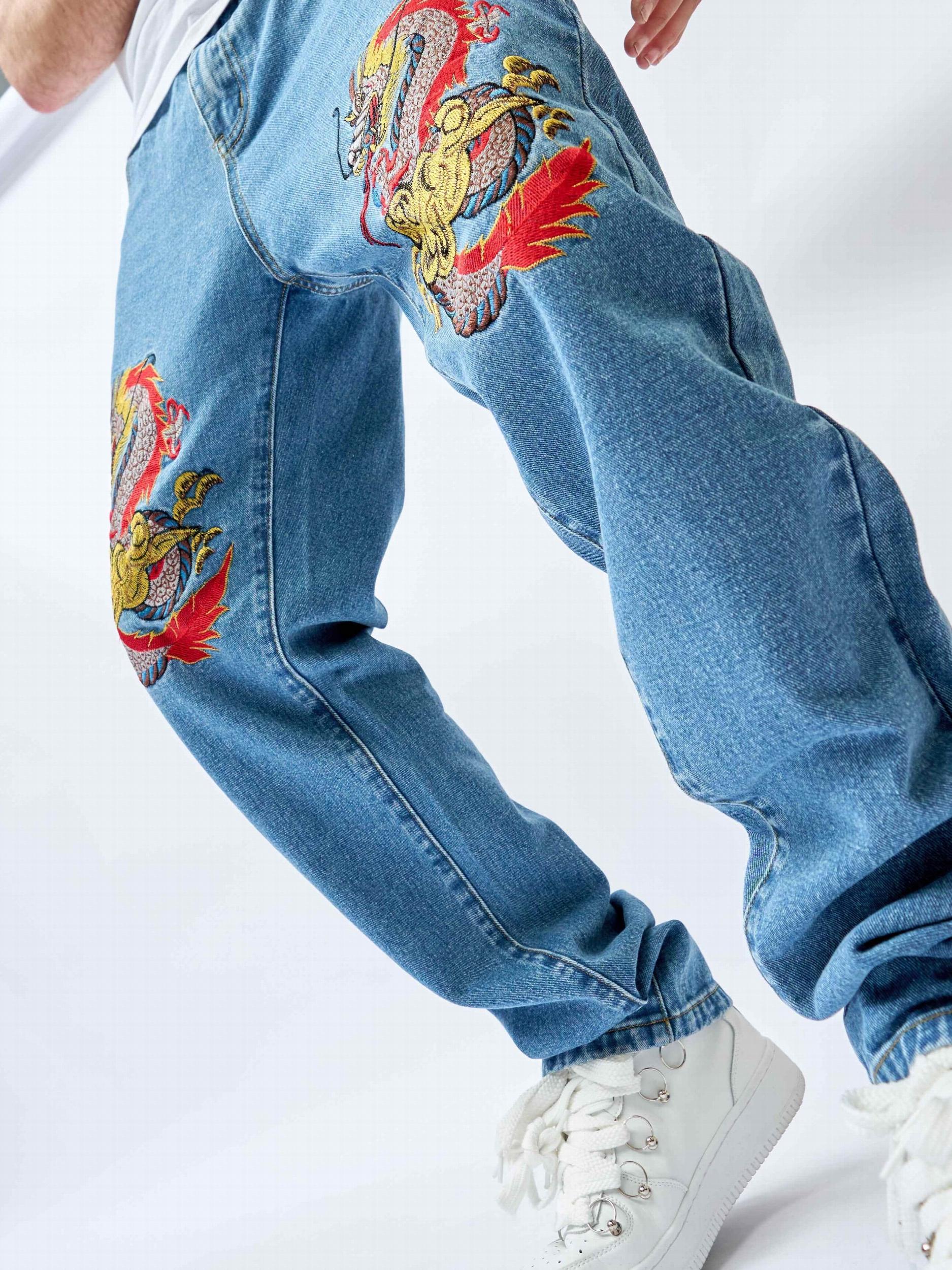 Men's Dragon Pattern Distressed Slim Fit Jeans