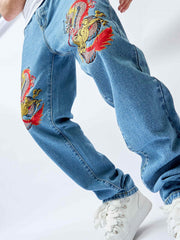 Men's Dragon Pattern Distressed Slim Fit Jeans