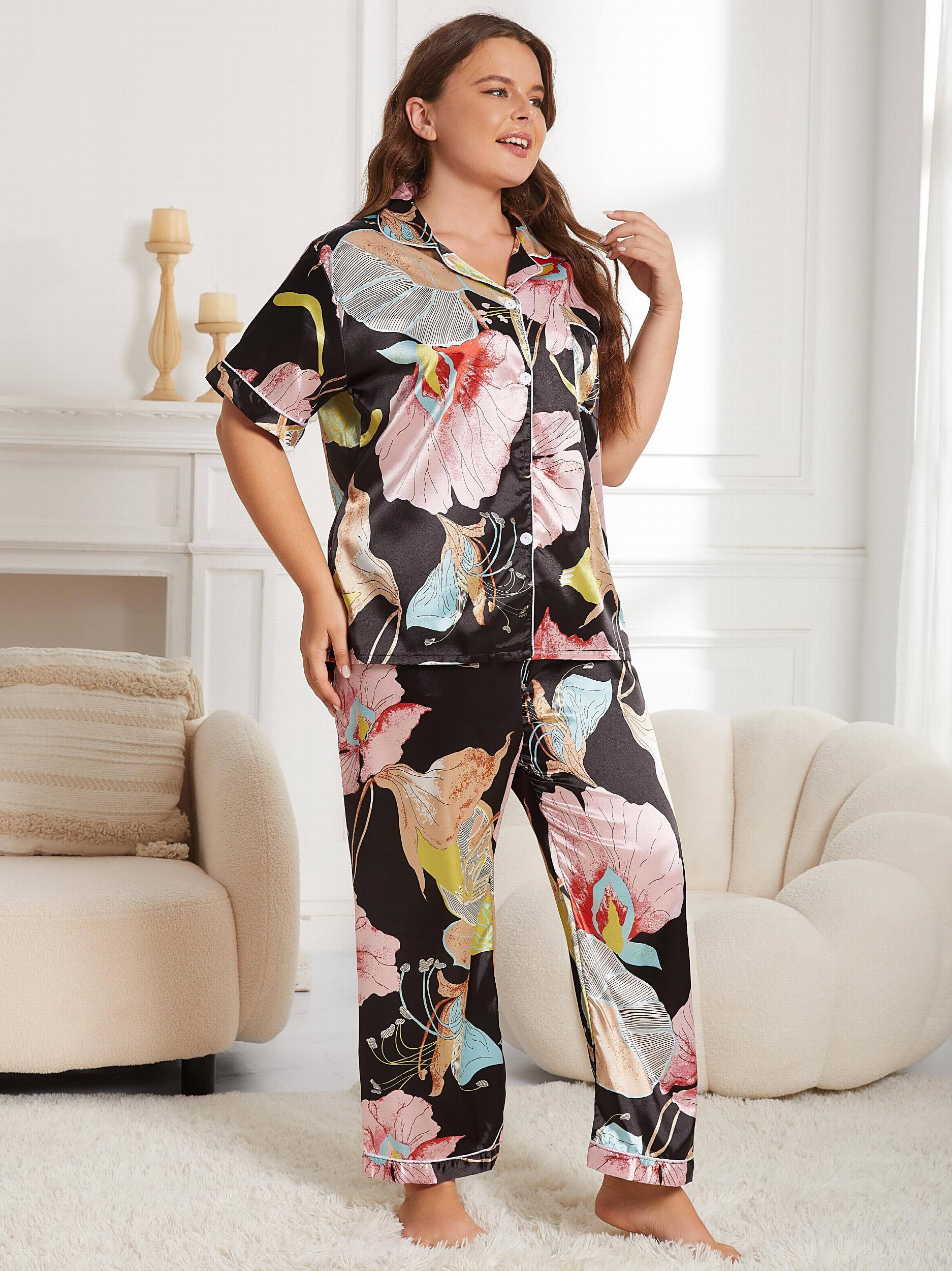  Floral Print Satin Blouse & Pants Pajama Set
