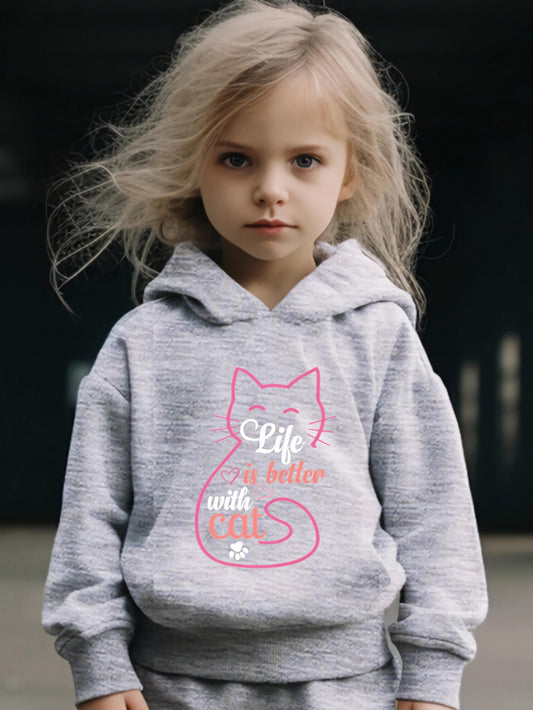 Cat Pattern Hooded Sweatshirt & Sweatpants Set for Girls