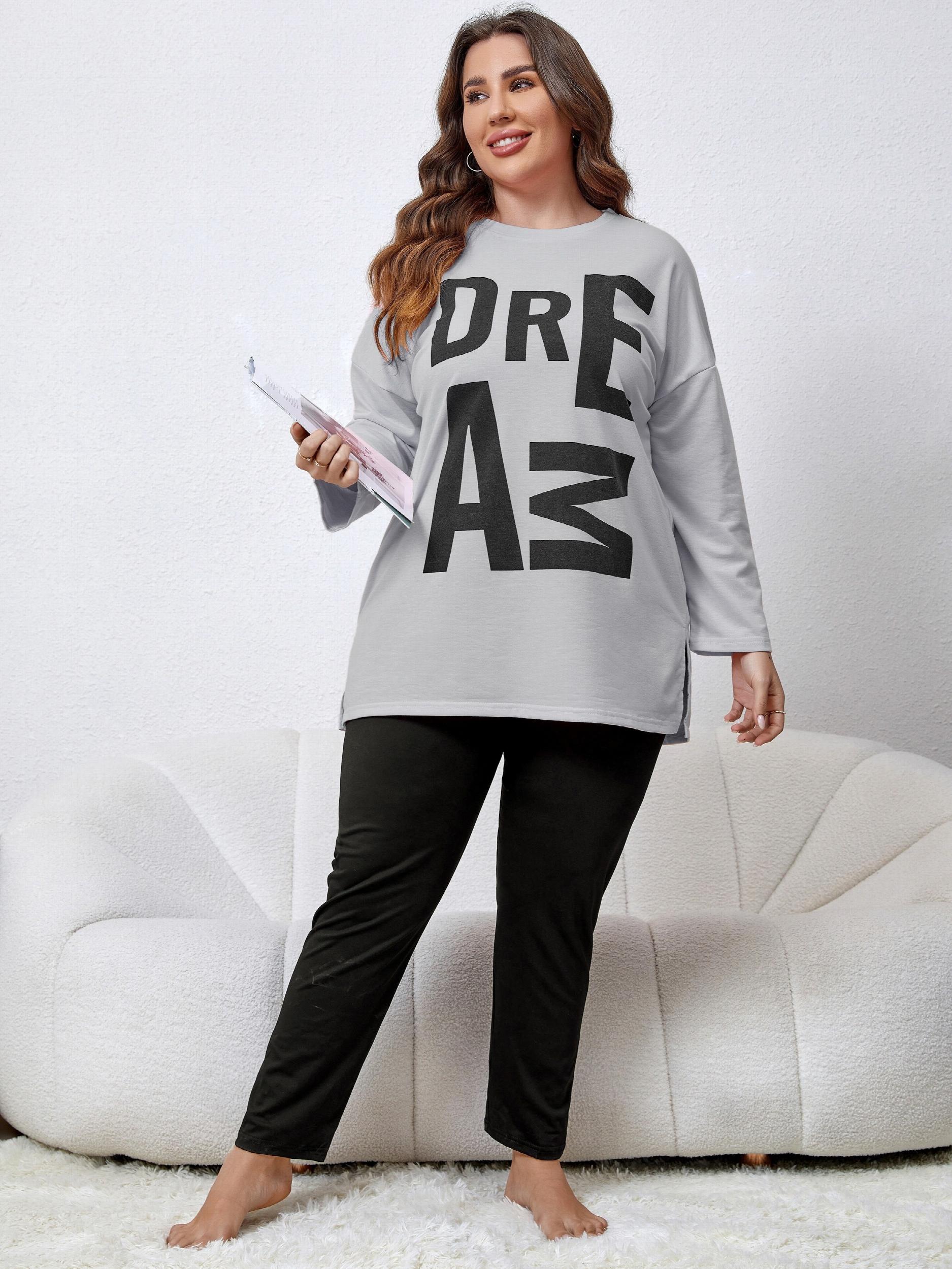  Lounge Set Women's Plus Letter Print Long Sleeve Tee & Pants