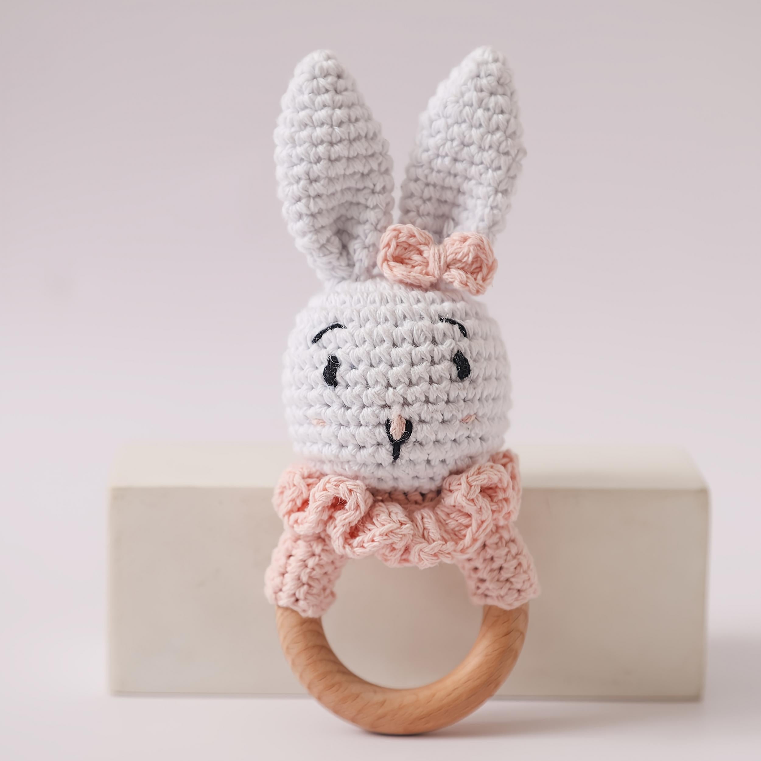 Crochet Wooden Rattle Baby Rattle Toy with Knitted Rabbit