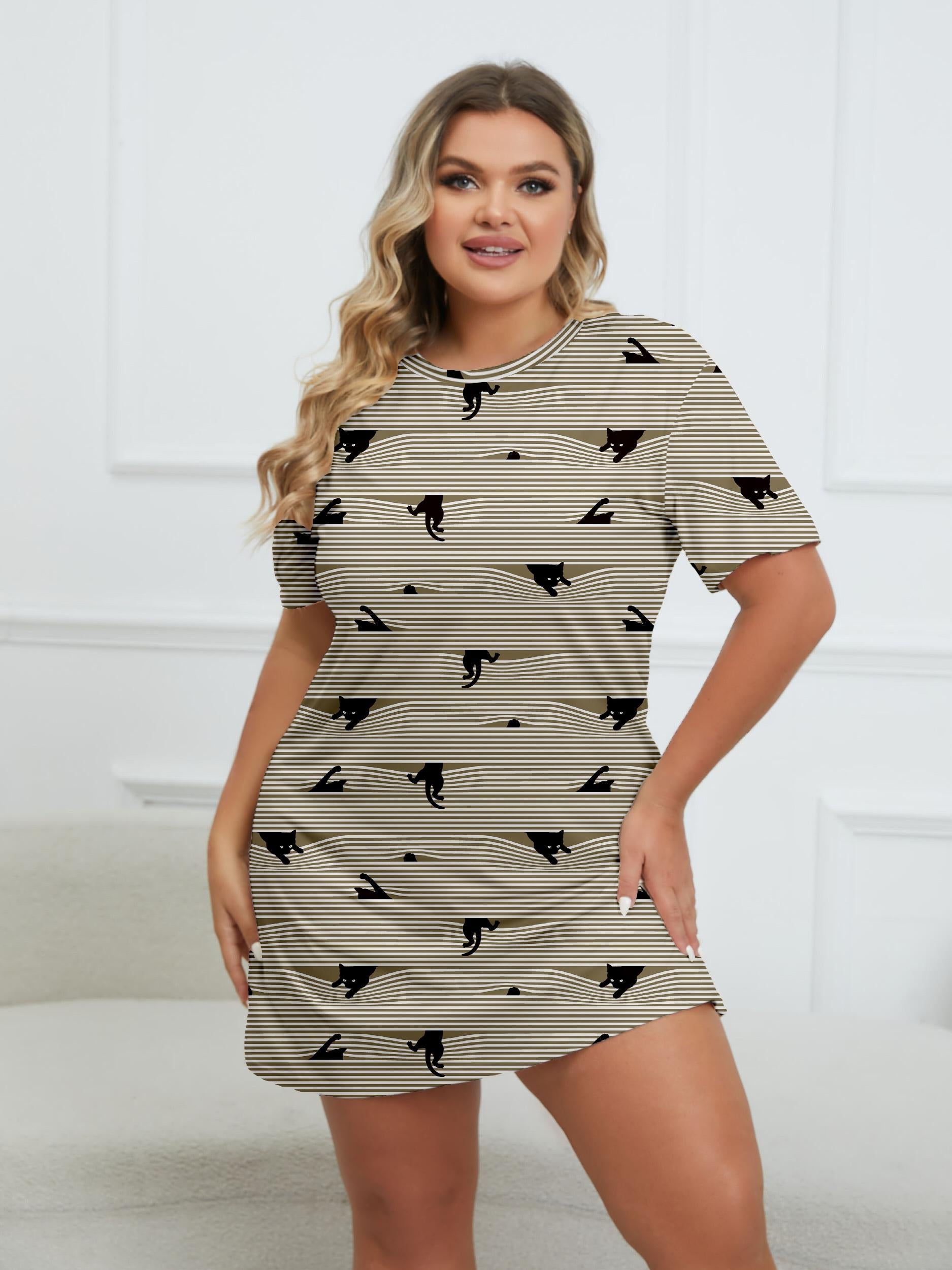  Cat & Stripe Print Tee Nightdress