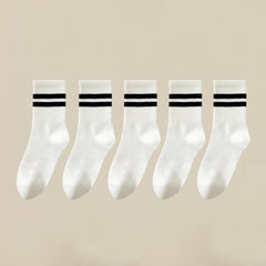 5 Pairs Stripe Print Ribbed Socks Soft Mid Tube Women's Stockings