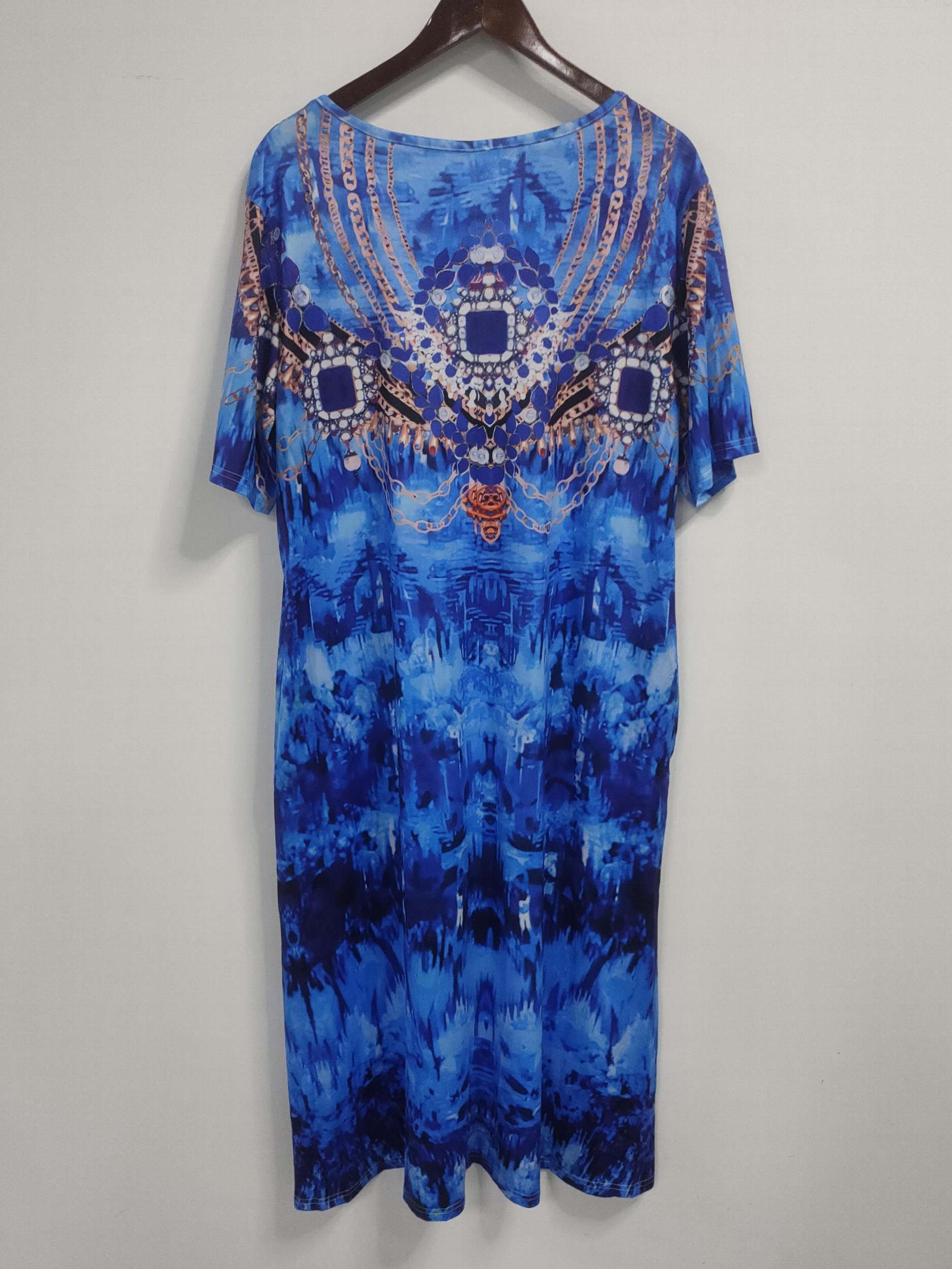  Boho Graphic Print Short Sleeve Stretch Dress