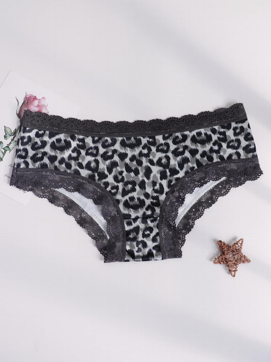  Leopard Print Low Waist Lace Trim Underwear