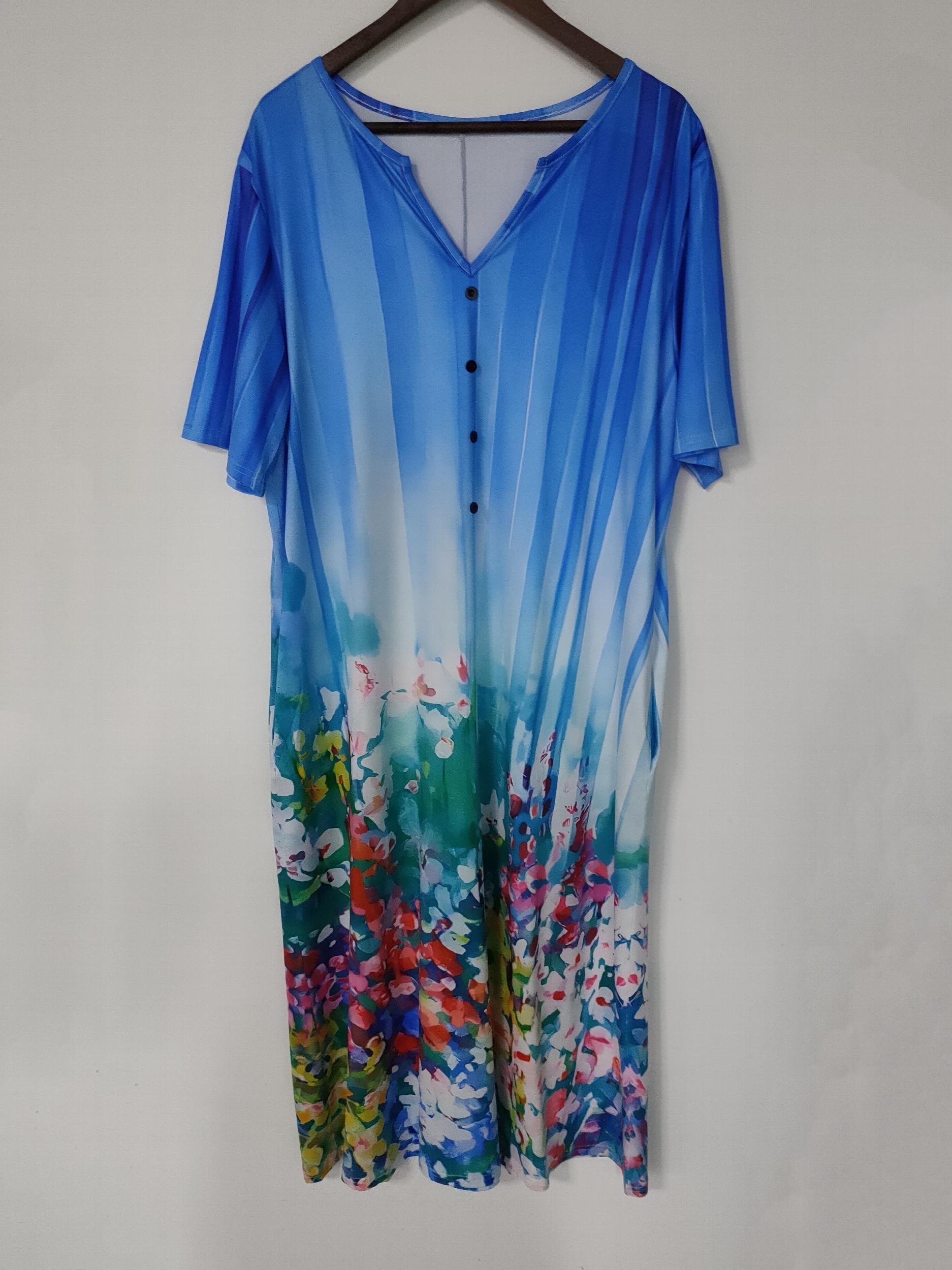 Plus Size Floral Print Button Decor Short Sleeve Dress With Pockets