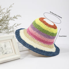 Rainbow Stripe Crochet Bucket Hat Breathable Foldable Straw Sun Hats