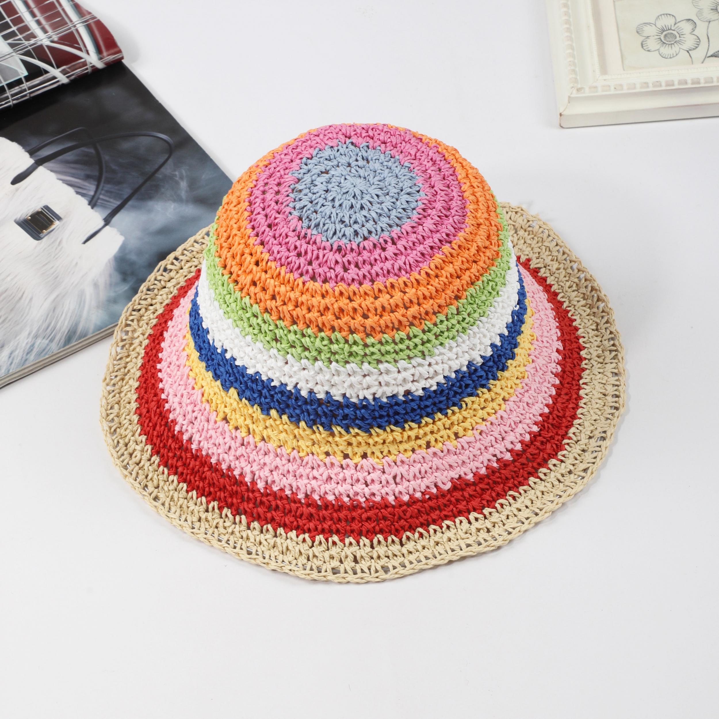 Rainbow Stripe Crochet Bucket Hat Breathable Foldable Straw Sun Hats