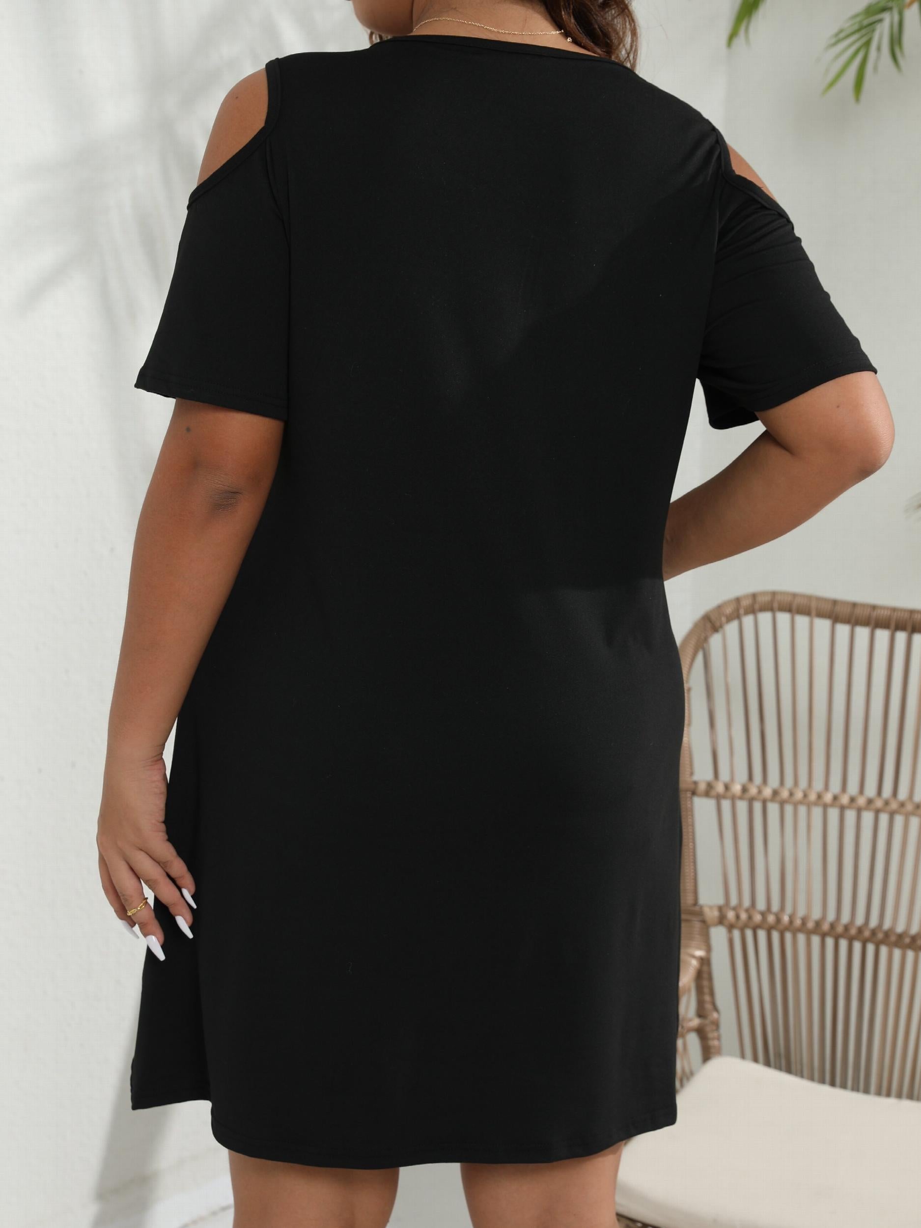  Solid Round Neck Cold Shoulder Dress