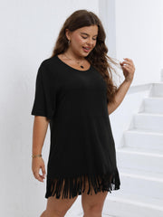  Casual Mini Dress Solid Short Sleeve Round Neck Fringe Trim