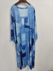 Plus Denim Print Bell Sleeve Round Neck Maxi Dress