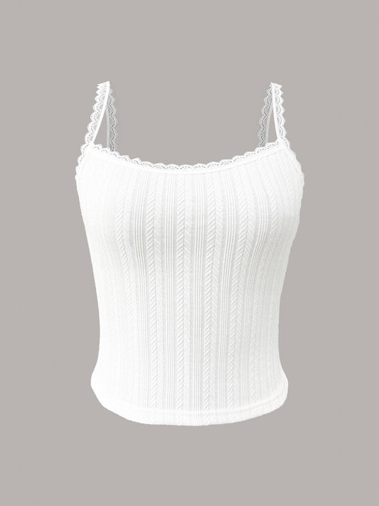 Jacquard Lace Trim Spaghetti Strap Top for Women